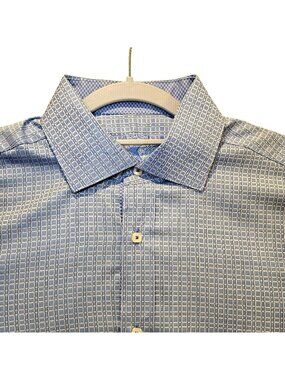 BUGATCHI dress shirt Mens L Blue silver geometric shaped fit  flip cuff career